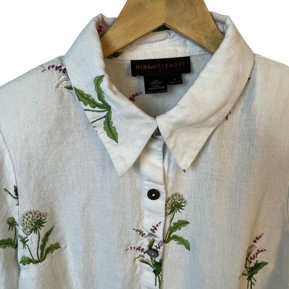 Nina McLemore White Linen Jacket Size 8 Embroidered Floral Blouse White Resort - Picture 4 of 10